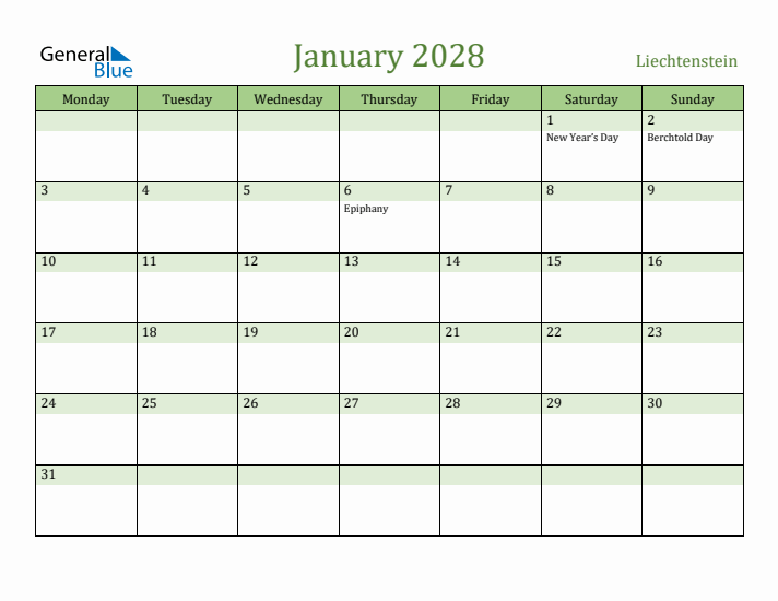 January 2028 Calendar with Liechtenstein Holidays