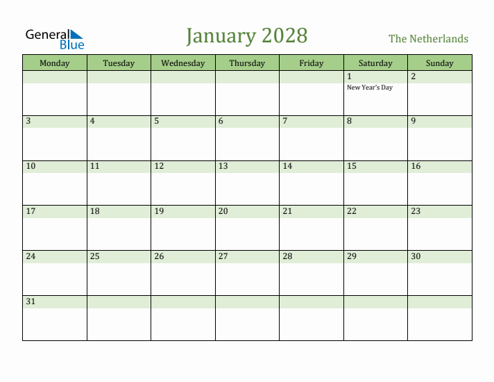 January 2028 Calendar with The Netherlands Holidays