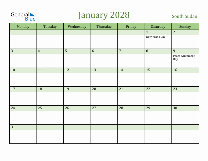 January 2028 Calendar with South Sudan Holidays