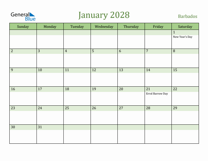 January 2028 Calendar with Barbados Holidays