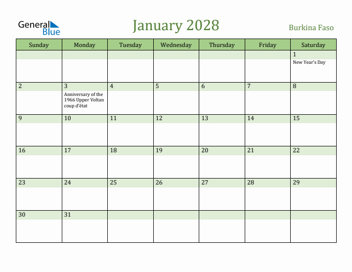 January 2028 Calendar with Burkina Faso Holidays