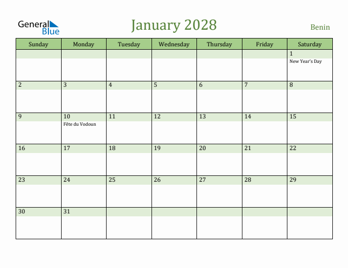 January 2028 Calendar with Benin Holidays