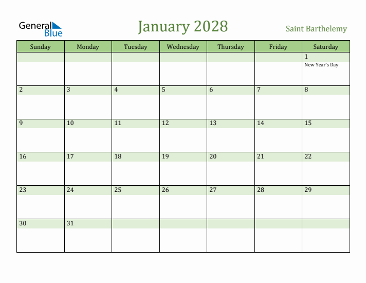 January 2028 Calendar with Saint Barthelemy Holidays