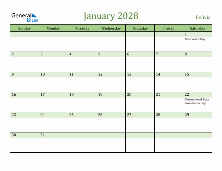 January 2028 Calendar with Bolivia Holidays