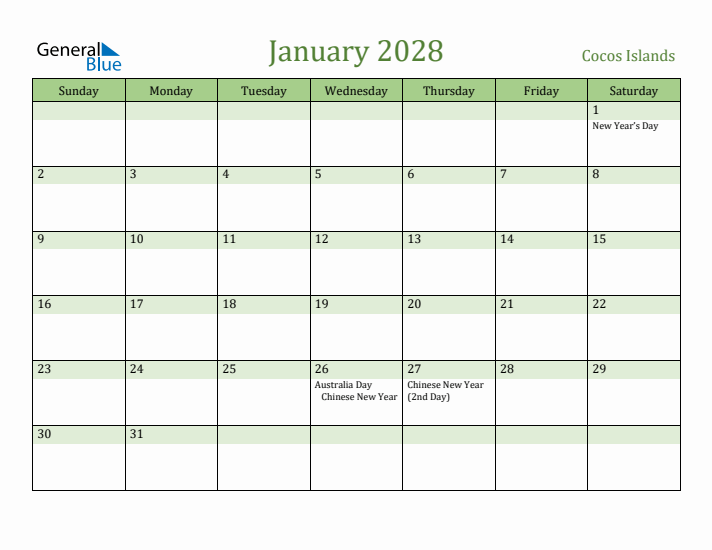 January 2028 Calendar with Cocos Islands Holidays