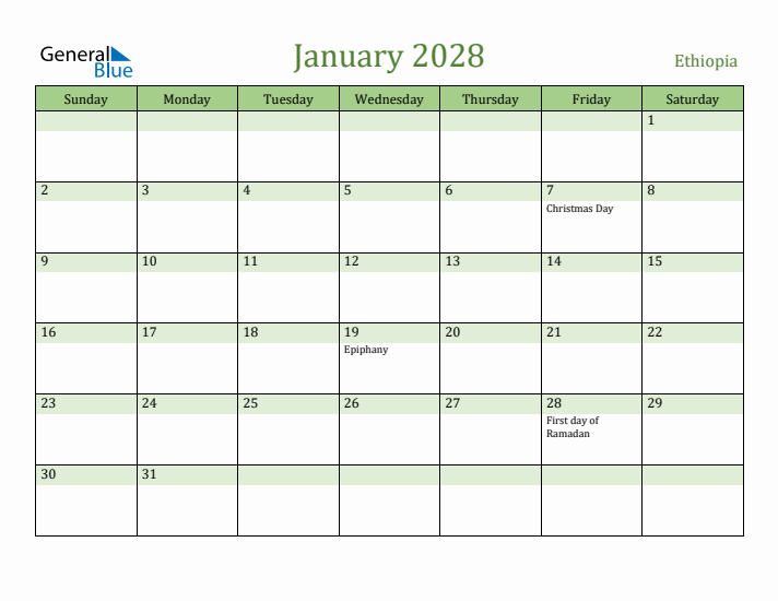 January 2028 Calendar with Ethiopia Holidays