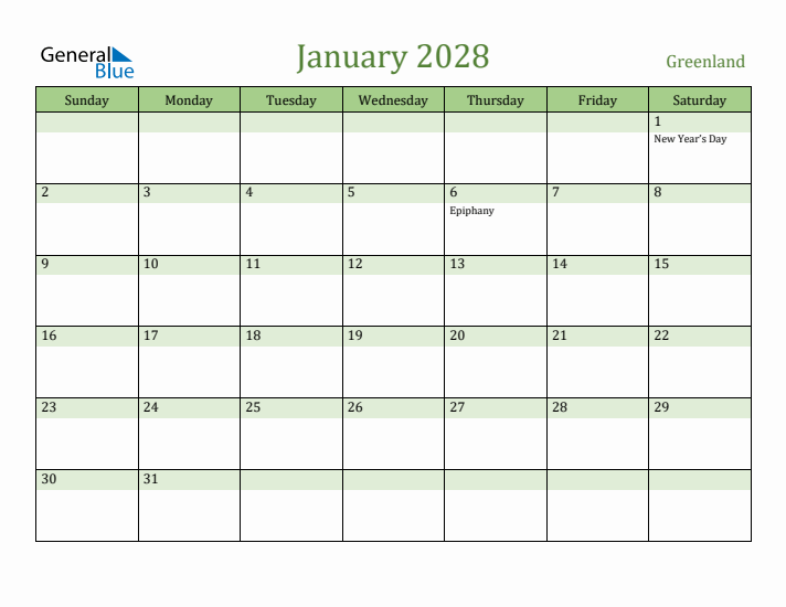 January 2028 Calendar with Greenland Holidays