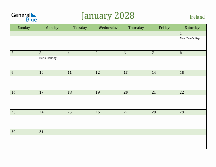 January 2028 Calendar with Ireland Holidays