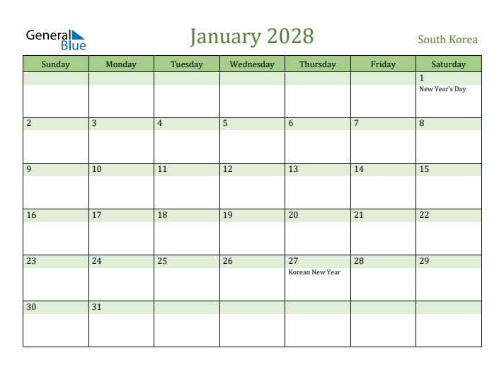 January 2028 Calendar with South Korea Holidays