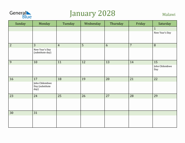 January 2028 Calendar with Malawi Holidays