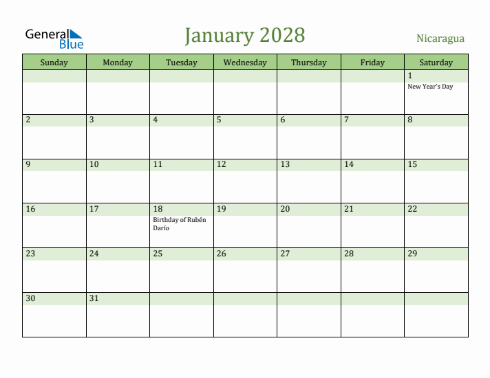 January 2028 Calendar with Nicaragua Holidays