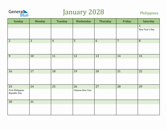 January 2028 Calendar with Philippines Holidays