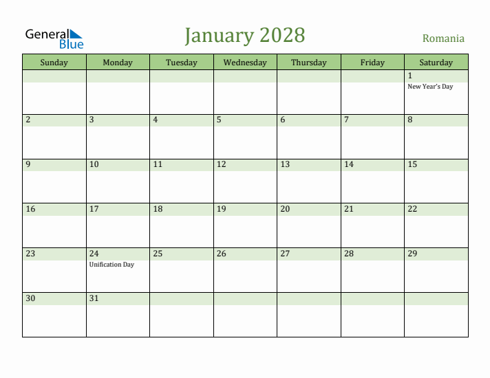 January 2028 Calendar with Romania Holidays