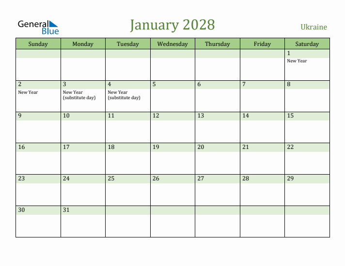 January 2028 Calendar with Ukraine Holidays