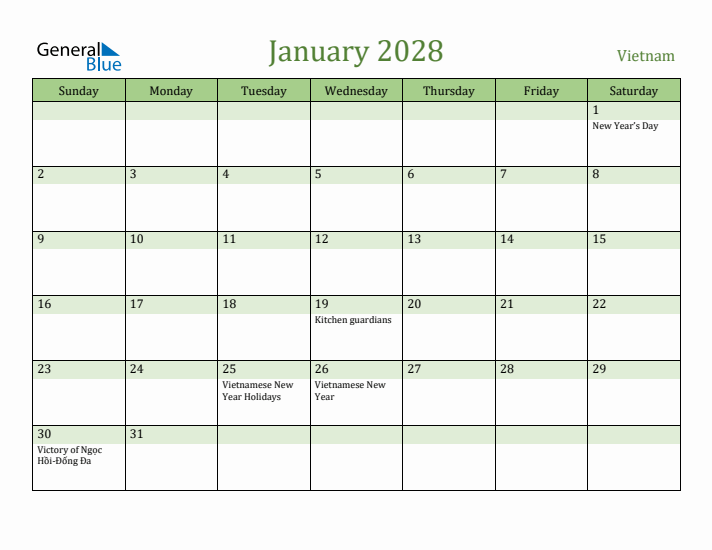 January 2028 Calendar with Vietnam Holidays