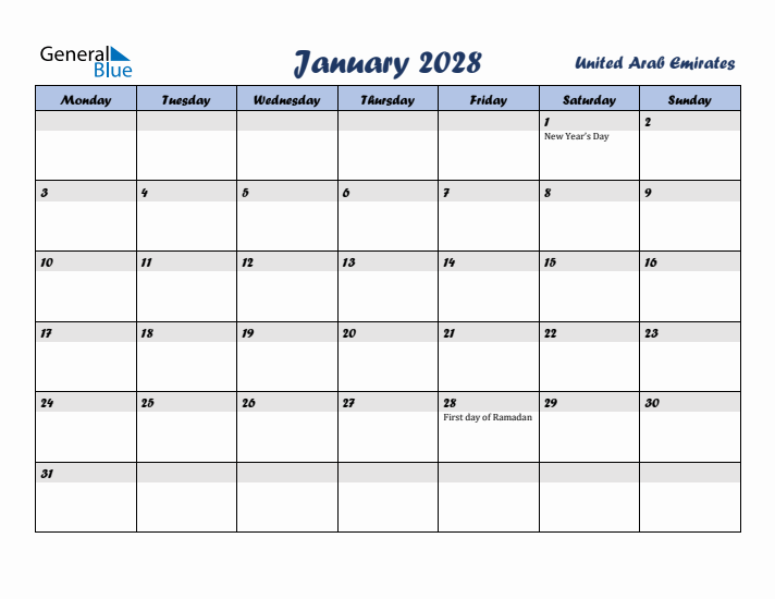 January 2028 Calendar with Holidays in United Arab Emirates