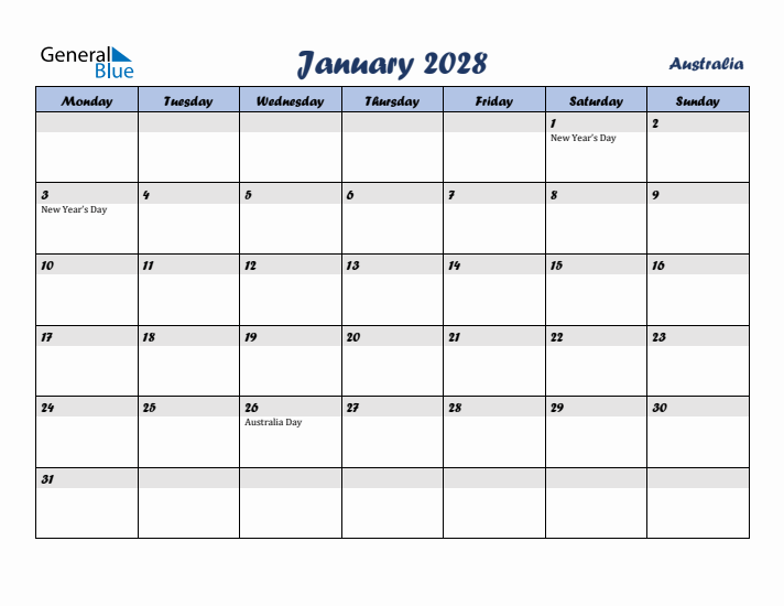 January 2028 Calendar with Holidays in Australia