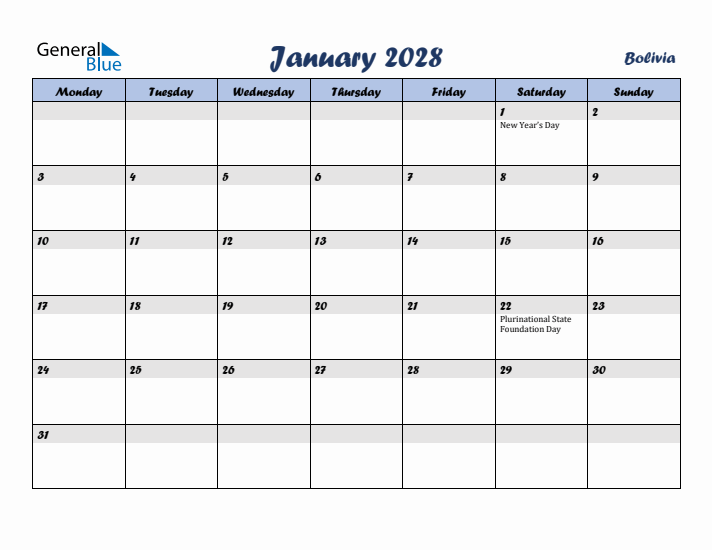 January 2028 Calendar with Holidays in Bolivia