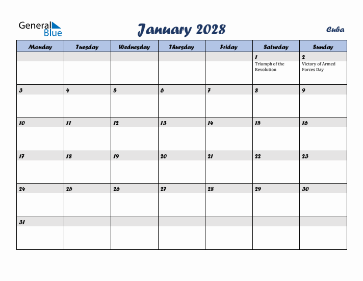 January 2028 Calendar with Holidays in Cuba