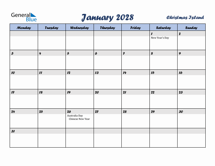 January 2028 Calendar with Holidays in Christmas Island