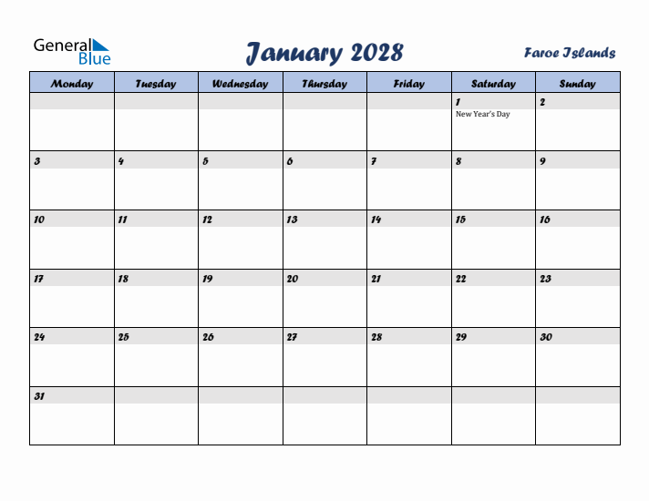 January 2028 Calendar with Holidays in Faroe Islands