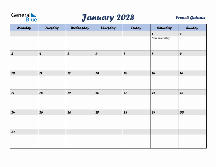 January 2028 Calendar with Holidays in French Guiana