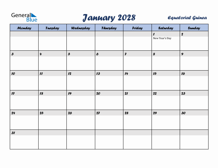 January 2028 Calendar with Holidays in Equatorial Guinea