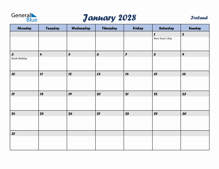 January 2028 Calendar with Holidays in Ireland