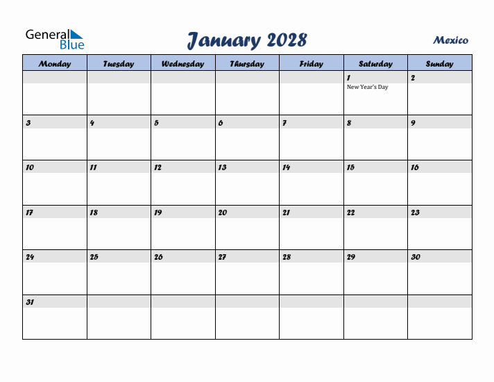 January 2028 Calendar with Holidays in Mexico