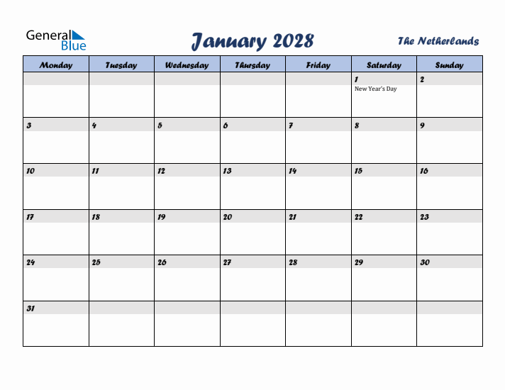 January 2028 Calendar with Holidays in The Netherlands