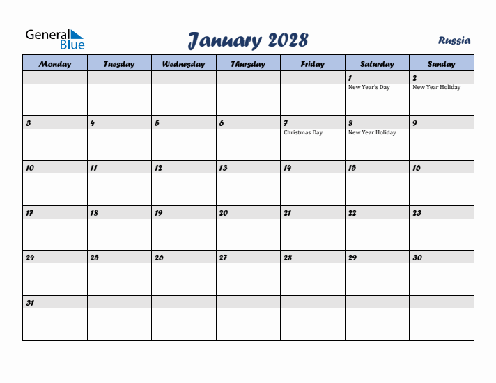 January 2028 Calendar with Holidays in Russia