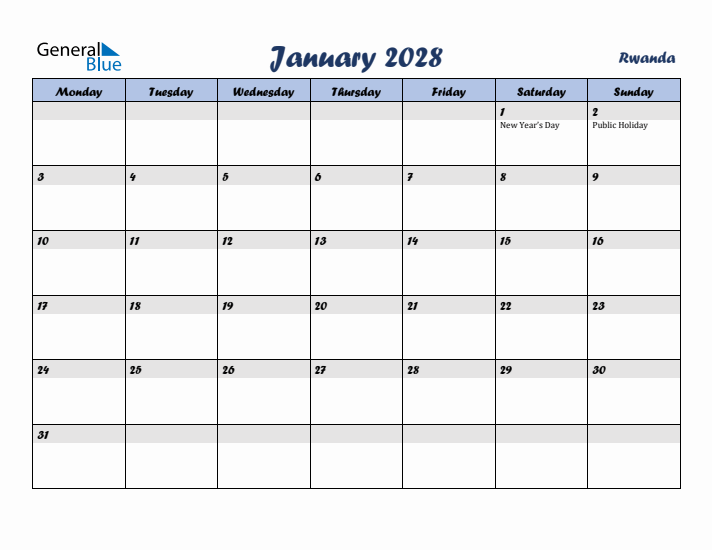 January 2028 Calendar with Holidays in Rwanda