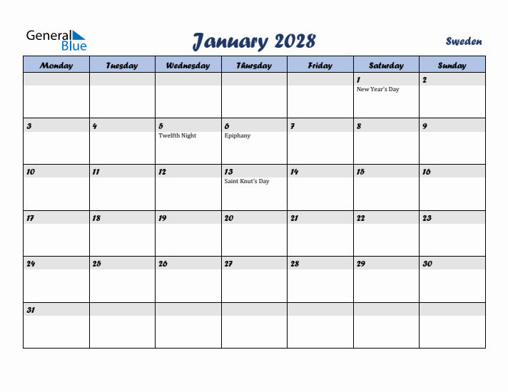 January 2028 Calendar with Holidays in Sweden