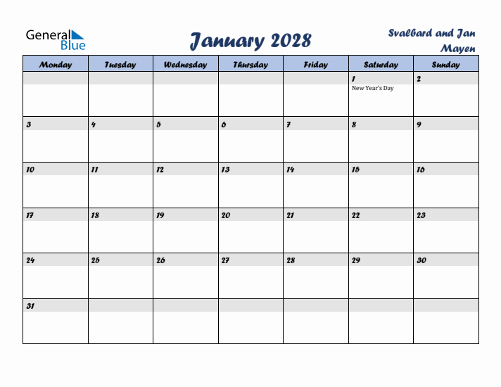 January 2028 Calendar with Holidays in Svalbard and Jan Mayen