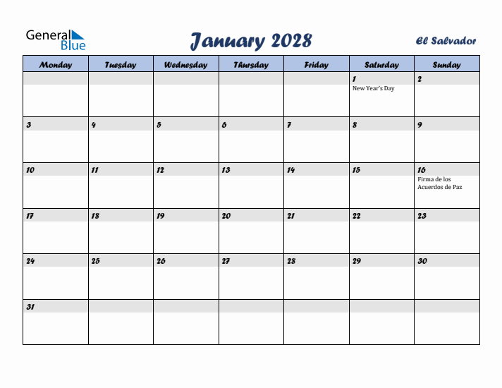 January 2028 Calendar with Holidays in El Salvador