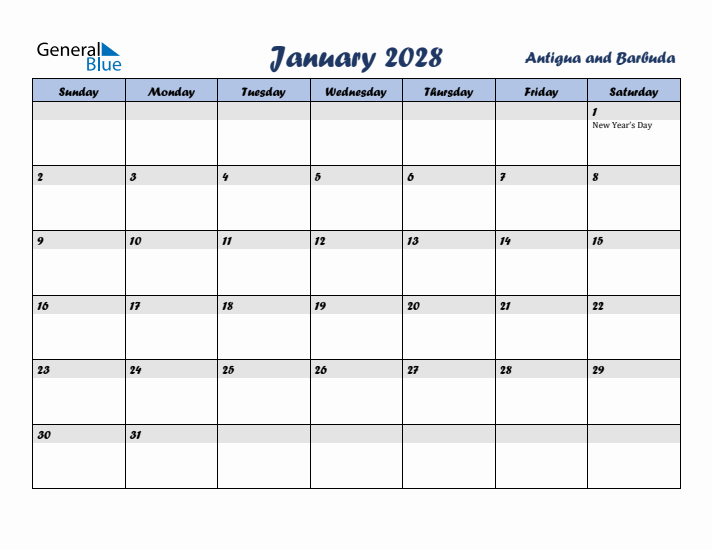 January 2028 Calendar with Holidays in Antigua and Barbuda