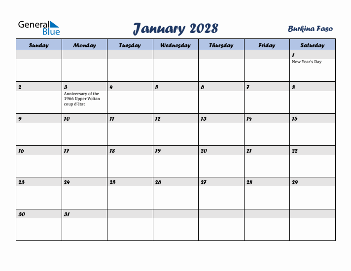 January 2028 Calendar with Holidays in Burkina Faso