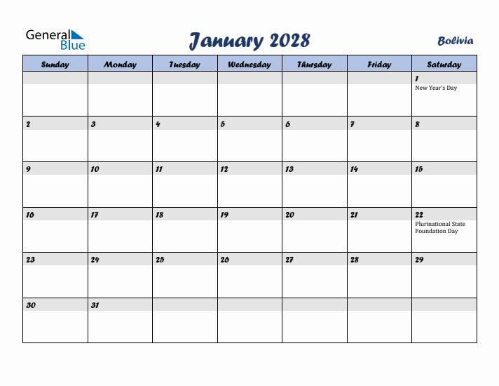 January 2028 Calendar with Holidays in Bolivia