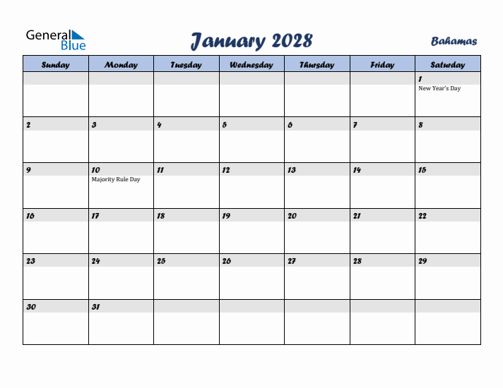 January 2028 Calendar with Holidays in Bahamas