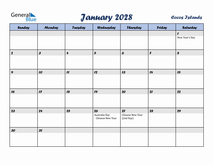 January 2028 Calendar with Holidays in Cocos Islands