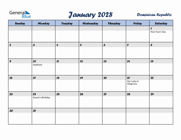 January 2028 Calendar with Holidays in Dominican Republic