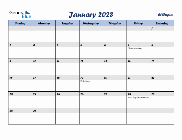 January 2028 Calendar with Holidays in Ethiopia