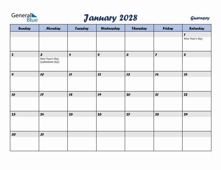 January 2028 Calendar with Holidays in Guernsey