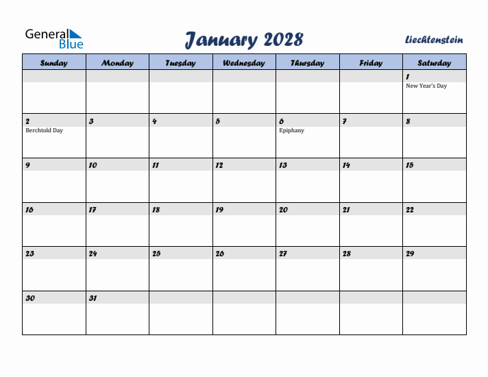 January 2028 Calendar with Holidays in Liechtenstein