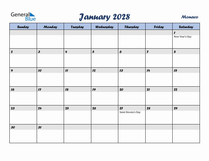 January 2028 Calendar with Holidays in Monaco