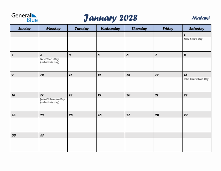 January 2028 Calendar with Holidays in Malawi