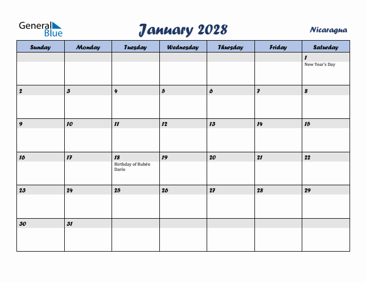 January 2028 Calendar with Holidays in Nicaragua