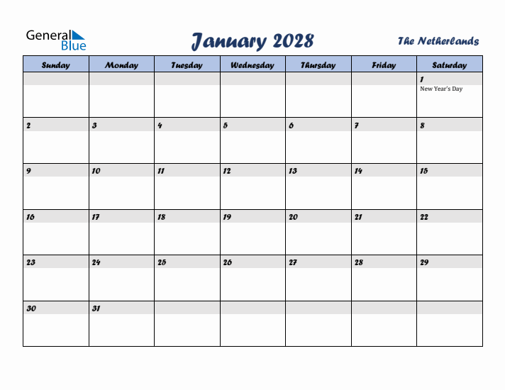 January 2028 Calendar with Holidays in The Netherlands