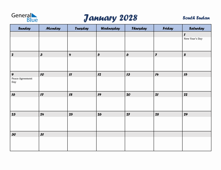 January 2028 Calendar with Holidays in South Sudan