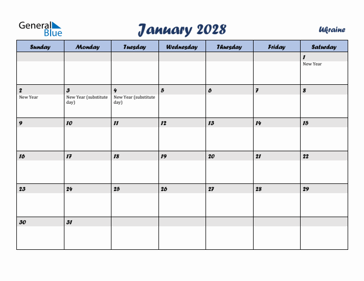 January 2028 Calendar with Holidays in Ukraine